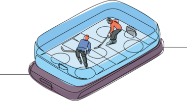 enda kontinuerlig linje teckning is hockey rink med två spelare på smartphone skärm. mobil is hockey. uppkopplad team sport spel konkurrens. dynamisk ett linje dra grafisk design illustration png