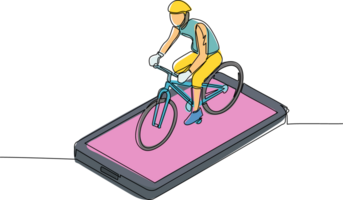 Célibataire un ligne dessin Masculin portant casque, équitation vélo sur téléphone intelligent filtrer. en ligne sport des loisirs. virtuel vélo pour cardio entraînement. continu ligne dessiner conception graphique illustration png