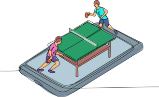 Single continuous line drawing table tennis court with two players on smartphone screen. Professional sports competition, table tennis players during match, mobile app. One line draw design png