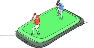 Continuous one line drawing baseball field with two players on smartphone screen. Online baseball games. Smartphone applications. Mobile baseball. Single line draw design graphic illustration png