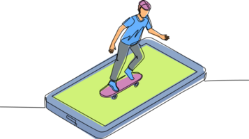 continuo uno linea disegno giovane uomo equitazione skateboard su smartphone schermo. elegante maschio pattinatore nel casuale vestito. freddo tipo si sposta in giro città, fare all'aperto attività. singolo linea disegnare design png