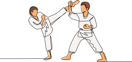 Continuous one line drawing two karate men fighters ready to fight. Professional karate sport fighters standing fighting practicing karate together. Single line draw design graphic illustration png