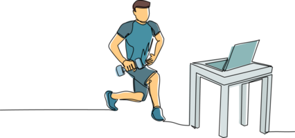 Single one line drawing man doing fitness at home in online classes using his laptop. Fitness online course concept. Online sports training on laptop. Modern continuous line draw design graphic png