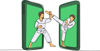 doorlopend een lijn tekening twee karate strijders komt uit van cellulair telefoon klaar naar gevecht. professioneel karate strijders staand vechten beoefenen karate samen. single lijn trek ontwerp png