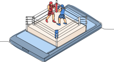 Single continuous line drawing boxing ring with two boxers on smartphone screen. Professional sports competition, boxing fight duel during match, mobile app. One line draw design illustration png