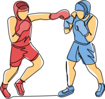 Continuous one line drawing boxers fighting on ring, opponents in shorts and gloves fight on arena with spotlights and ropes. Competition. Dangerous sport. Single line draw design illustration png