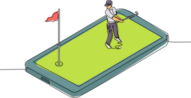 kontinuerlig ett linje teckning manlig golfspelare spelar golf på smartphone skärm. professionell sporter konkurrens, golf, spelare slå boll med klubb, mobil app. enda linje dra design illustration png