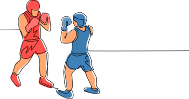 singolo continuo linea disegno pugili combattente su squillo, avversari nel pantaloncini e guanti combattimento su arena con faretti e corde. concorrenza. pericoloso sport. uno linea disegnare design illustrazione png