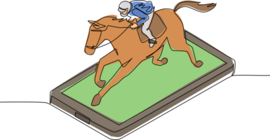 continuo uno línea dibujo joven hombre montando caballo en teléfono inteligente pantalla. carreras caballo con jockey. ecuestre deporte. jockey montando saltando caballo. soltero línea dibujar diseño gráfico ilustración png