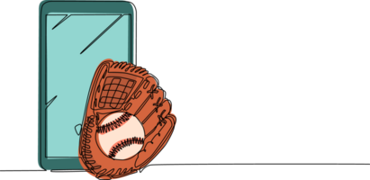 Single one line drawing baseball leather glove and ball with smartphone. Mobile sports play matches. Online baseball game with live mobile app. Continuous line draw design graphic illustration png