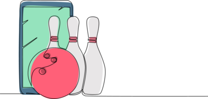 doorlopend een lijn tekening bowling bal en pinnen met smartphone. sport- apparatuur. bowling sport spel. bal crashen pinnen. staking bowling vrije tijd concept. single lijn trek ontwerp illustratie png