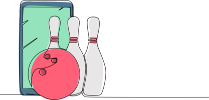 kontinuierlich einer Linie Zeichnung Bowling Ball und Stifte mit Smartphone. Sport Ausrüstung. Bowling Sport Spiel. Ball abstürzen Stifte. Streik Bowling Freizeit Konzept. Single Linie zeichnen Design Illustration png