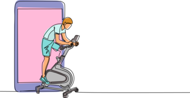 kontinuerlig ett linje teckning man ridning stationär cykel och smartphone. stationär cykel. statisk cykel sporter män i de Gym, sporter och hälsa, kondition. enda linje dra design illustration png