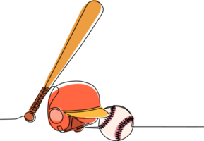 kontinuierlich einer Linie Zeichnung Baseball und weicher Ball Etikett. Ball und Helm mit hölzern Schläger. Sport Symbol und Maskottchen. Vielfalt von Baseball Ausrüstung, Schläger, Ball, Helm. Single Linie zeichnen Design png