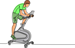 solteiro 1 linha desenhando homem fazendo cardio. estacionário bicicleta. fiação exercício. jovem homem fazendo rotina exercício às casa usando estático bicicleta. moderno contínuo linha desenhar Projeto gráfico ilustração png