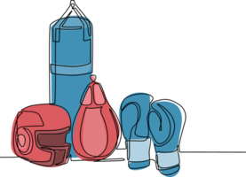 continu un ligne dessin boxe casque et gants. sportif marchandises, la défense et équipement. boxe club. Gym à exercer. kickboxing événement. combattant entraine toi. Célibataire ligne dessiner conception graphique png