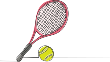 contínuo 1 linha desenhando tênis raquete e bola equipamento para concorrência jogar jogo. esporte tênis torneio e campeonato cartazes. saudável atividade. solteiro linha desenhar Projeto ilustração png
