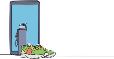 Single continuous line drawing running sneaker and mineral bottled water with smartphone. Idea of healthy and active lifestyle. Healthy lifestyle concept. Dynamic one line draw graphic design png