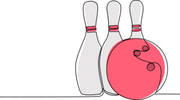 Single one line drawing bowling ball and pins. Sports equipment. Bowling sport game. Ball crashing pins. Strike bowling leisure concept. Modern continuous line draw design graphic illustration png