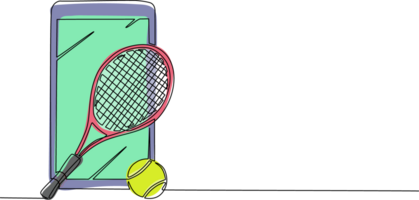 Single continuous line drawing smartphone and tennis racket and ball equipment for competition play game concept. Sport tennis tournament and championship posters. One line draw graphic design png