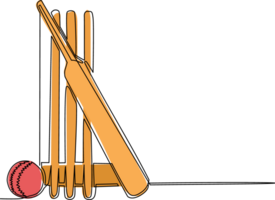 Continuous one line drawing cricket bat, ball, and wicket stumps isolated on white. Set equipment for cricket game. Competitive and challenging team sport. Single line draw design illustration png