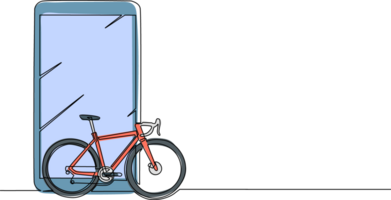 Single einer Linie Zeichnung Smartphone und Straße Fahrrad. Öko freundlich Fahrzeug, Sport Fahrrad einfarbig Symbol. Geschwindigkeit Stadt Reise Attribut, Radfahren Hobby Symbol. kontinuierlich Linie zeichnen Design Grafik png