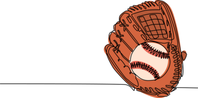 continuo uno linea disegno baseball torneo volantino, manifesto modello. baseball pelle guanto, palla per campionato promozione. squadra sport lega striscione. singolo linea disegnare design illustrazione png