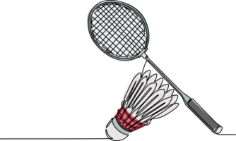 kontinuerlig ett linje teckning badminton racket och vit fjäderboll. utrustning för badminton spel sport isolerat på bakgrund i platt design. racket och fjäderboll. enda linje dra design png