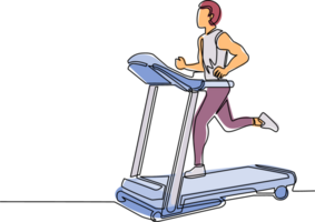 Single one line drawing man running on motorized treadmill. Sportive man on electric training machine cartoon character. Fitness club, gym tool. Continuous line draw design graphic illustration png