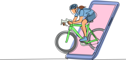 Single continuous line drawing woman bicycle racer focus train her speed at training session getting out of smartphone screen. Mobile sports play matches. Dynamic one line draw graphic design png