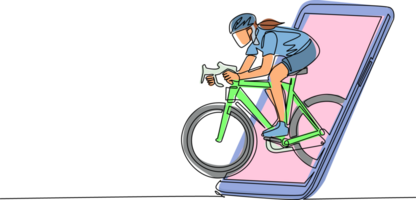 Célibataire continu ligne dessin femme vélo coureur concentrer train sa la vitesse à formation session avoir en dehors de téléphone intelligent filtrer. mobile des sports jouer allumettes. dynamique un ligne dessiner graphique conception png