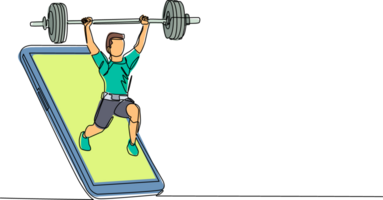 single een lijn tekening bodybuilder Mens aan het doen oefening met zwaar gewicht bar krijgen uit van smartphone scherm. online gewicht hijs- mobiel app. doorlopend lijn trek ontwerp grafisch illustratie png