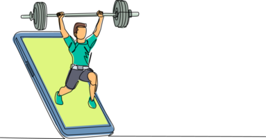 Célibataire un ligne dessin bodybuilder homme Faire exercice avec lourd poids bar avoir en dehors de téléphone intelligent filtrer. en ligne poids levage mobile application. continu ligne dessiner conception graphique illustration png