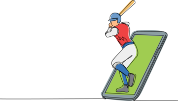 kontinuierlich einer Linie Zeichnung Mann Baseball Spieler bereit zu schlagen das Ball bekommen aus von Smartphone Bildschirm. Handy, Mobiltelefon Sport abspielen Streichhölzer. online Baseball Spiel Handy, Mobiltelefon App. Single Linie zeichnen Design png