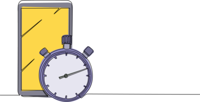 continuo uno línea dibujo teléfono inteligente y cronógrafo, especial reloj a comenzar, detener, medida. deporte y competencia equipo. Temporizador regreso flecha icono, detener reloj logo. soltero línea dibujar diseño png