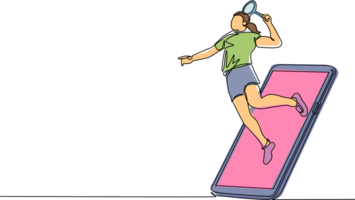 single doorlopend lijn tekening jong vrouw badminton speler springen raken shuttle krijgen uit van smartphone scherm. online badminton spel met leven mobiel app. een lijn trek ontwerp illustratie png
