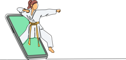 Continuous one line drawing karateka woman in kimono practicing karate punch getting out of smartphone screen. Mobile sports play matches. Online karate game mobile app. Single line draw design png