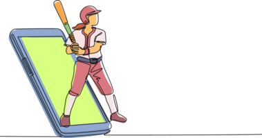 Continuous one line drawing woman baseball player ready to hit the ball getting out of smartphone screen. Mobile sports play matches. Online baseball game mobile app. Single line draw design png