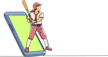 continu un ligne dessin femme base-ball joueur prêt à frappé le Balle avoir en dehors de téléphone intelligent filtrer. mobile des sports jouer allumettes. en ligne base-ball Jeu mobile application. Célibataire ligne dessiner conception png