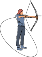 Single continuous line drawing young girl with bow and arrow. Female holding bow and arrow aiming to shoot. Archer with bow and arrow. Part of set. One line draw graphic design illustration png