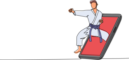 Single one line drawing karateka man train with punch pose for duel fighting getting out of smartphone screen. Online karate game mobile app. Continuous line draw design graphic illustration png