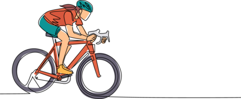 Single one line drawing young energetic woman bicycle racer focus train her speed at training session. Racing cyclist concept. Healthy cycling sport event. Continuous line draw design graphic png