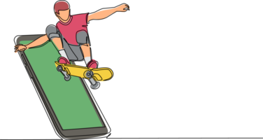 Continuous one line drawing skateboarder man riding skateboard and doing jump trick getting out of smartphone screen. Mobile sport matches. Online skateboard mobile app. Single line draw design png