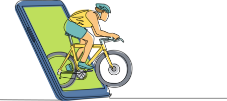 single doorlopend lijn tekening Mens fiets renner verbeteren zijn snelheid Bij opleiding sessie krijgen uit van smartphone scherm. mobiel sport Speel wedstrijden. online fiets spel app. een lijn trek ontwerp png