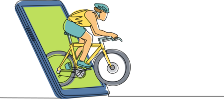 Célibataire continu ligne dessin homme vélo coureur améliorer le sien la vitesse à formation session avoir en dehors de téléphone intelligent filtrer. mobile sport jouer allumettes. en ligne vélo Jeu application. un ligne dessiner conception png