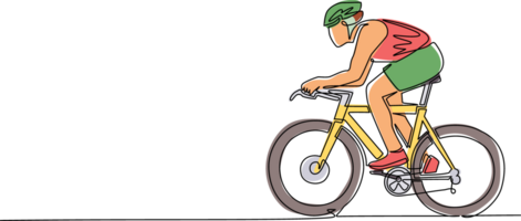 enda kontinuerlig linje teckning ung energisk man cykel racer förbättra hans hastighet på Träning session. tävlings cyklist begrepp. friska cykling sport händelse. dynamisk ett linje dra grafisk design png