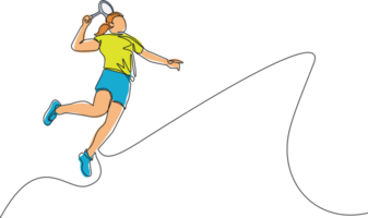 Célibataire continu ligne dessin Jeune agile femme badminton joueur sauter et fracasser volant. badminton tournoi événement. sport exercice en bonne santé concept. un ligne dessiner conception illustration png