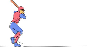 continu un ligne dessin Jeune agile homme base-ball joueur prêt à frappé le balle. base-ball ligue professionnel tournoi. sport exercice en bonne santé concept. Célibataire ligne dessiner conception illustration png