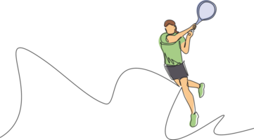 Célibataire un ligne dessin Jeune content femelle tennis joueur frappé de l'adversaire balle. tennis professionnel tournoi. sport exercice en bonne santé concept. continu ligne dessiner conception graphique illustration png