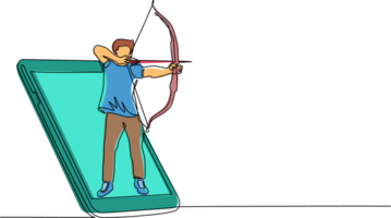 Single one line drawing man with bow and arrow getting out of smartphone screen. Mobile sports play matches. Online archery game with live mobile app. Continuous line draw design illustration png